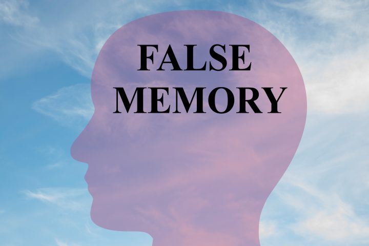 Render illustration of FALSE MEMORY title on head silhouette, with cloudy sky as a background