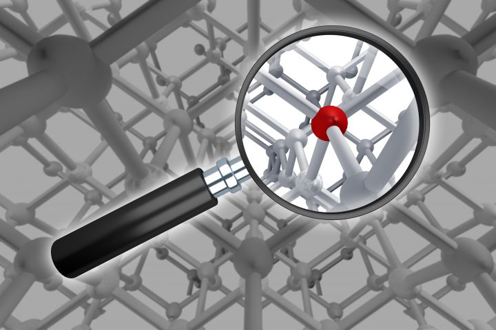 Science Anomaly - magnifying glass detects an anomaly within molecular structure. 3d rendering